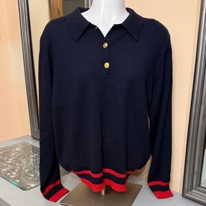 Vintage Liz Claiborne Collection Large Wool Blend Navy Sweater with Red Trim